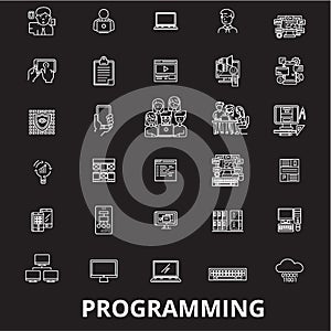 Programming editable line icons vector set on black background. Programming white outline illustrations, signs, symbols