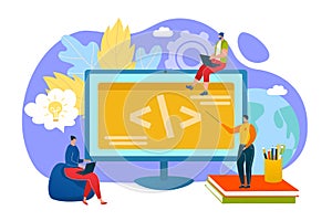 Programming education coding scrum team concept, programmers learn coding on computer vector illustration. People reate