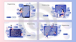 Programming and engineering development. Developer create code programming language. Screen template for mobile smart