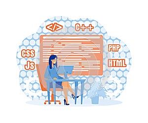 Programming and engineering development. Girl programmer or developer create code programming language.