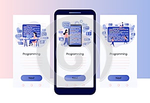 Programming and engineering development. Programmer or developer create code programming language. PHP, HTML, C , CSS