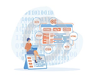 Programming and engineering development. Tiny girl programmer or developer create code programming language.