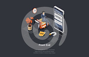 Programming and Engineering Development. Woman Programmer Developer Create Code Programming Language For Mobile Phone