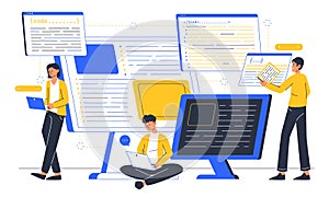 Programming engineers, software developers and web designers concept. Script coding, web development flat vector illustration.