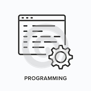 Programming flat line icon. Vector outline illustration of computer code with gear. Software development, coding thin