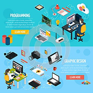 Programming And Graphic Design Isometric Banners