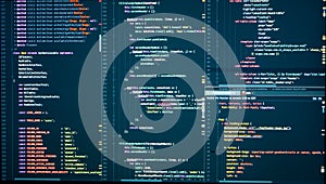 Programming with HTML, PHP and javascript. Backend source code on monitor