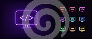 Programming icon in outline neon. Glowing neon computer with code sign, web development pictogram