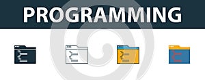 Programming icon set. Four simple symbols in diferent styles from web development icons collection. Creative programming icons