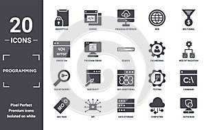 programming icon set. include creative elements as encryption, seo funnel, engineering, seo monitoring, api, seo keywords filled