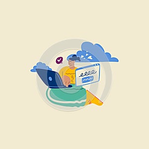 Programming Illustration. Different characters working on web and application development on computers. Funky character software
