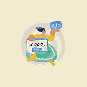 Programming Illustration. Different characters working on web and application development on computers. Funky character software