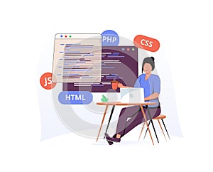 Programming Illustration Set. Different characters working on web and application development on computers. Software.