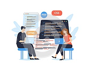 Programming Illustration Set. Different characters working on web and application development on computers. Software