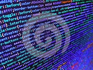 Programming of Internet website. Close up of random computer code comprised of numbers and letters. Abstract modern virtual