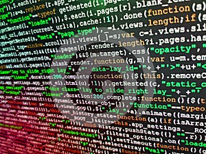 Programming of Internet website. Real Html code developing screen. Writing programming code on laptop. Code of javascript language