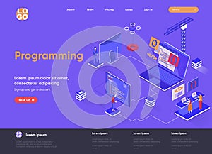 Programming isometric landing page. Full stack software development, engineering, programming isometry concept. Outsourcing