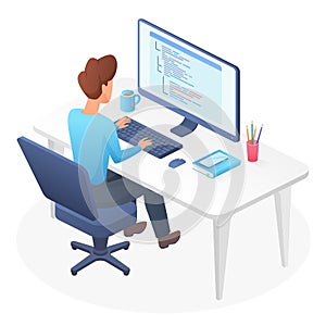 Programming isometric man vector illustration