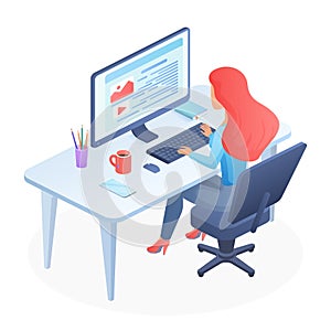 Programming isometric woman vector illustration