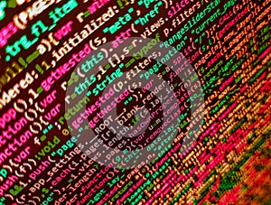 Programming Javascript on laptop computer screen. Modern technologies, web cascading design. Programming code abstract screen of
