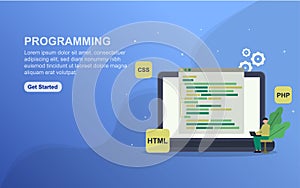Programming landing page template. Flat design concept of web page design for website