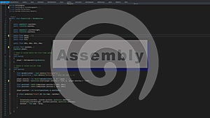 Programming language, Assembly inscription on the background of computer code.