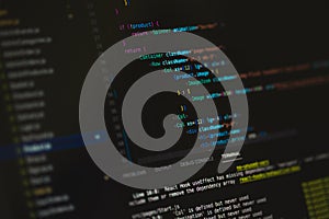 Programming language on black screen background, Javascript React code
