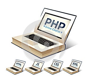 Programming language concept - PHP, CSS, XML, HTML, Javascript learning - book as laptop