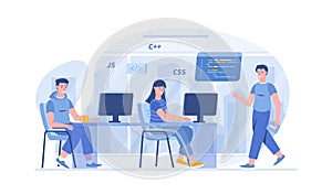 Programming language courses. Mobile app and computer software developing. Hi tech training concept. Vector illustration