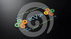 Programming Languages and Code Snippets on Dark Background