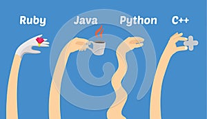 Programming languages illustration - hands of programmers