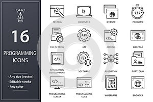 Programming line icons set. Black vector illustration. Editable stroke.