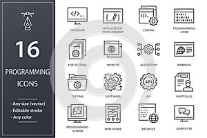Programming line icons set. Black vector illustration. Editable stroke.