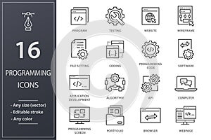 Programming line icons set. Black vector illustration. Editable stroke.