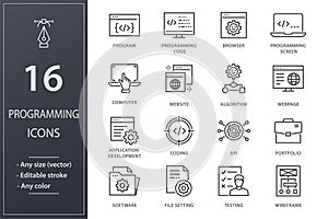 Programming line icons set. Black vector illustration. Editable stroke.