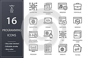 Programming line icons set. Black vector illustration. Editable stroke.