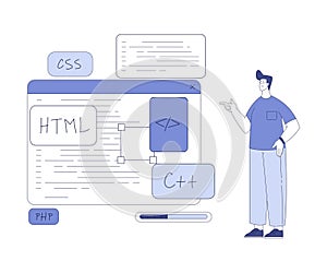 Programming with Man Character Working on Web Application Development Vector Illustration