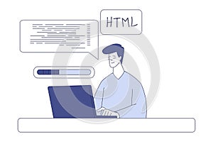 Programming with Man Character Working on Web Application Development Vector Illustration