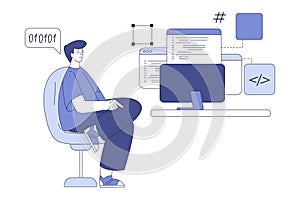 Programming with Man Character Working on Web Application Development Vector Illustration
