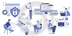Programming with Man Character Working on Web and Application Development Vector Set