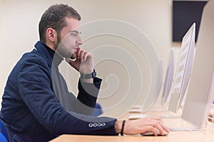 Programming. Man Working On Computer In IT Office, Sitting At Desk Writing Codes. Programmer Typing Data Code, Working On Project