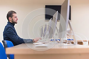 Programming. Man Working On Computer In IT Office, Sitting At Desk Writing Codes. Programmer Typing Data Code, Working On Project