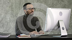 Programming. Man Working On Computer In IT Office, Sitting At Desk Writing Codes. Programmer Typing Data Code, Working