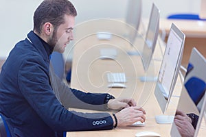 Programming. Man Working On Computer In IT Office, Sitting At Desk Writing Codes. Programmer Typing Data Code, Working On Project