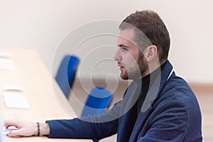 Programming. Man Working On Computer In IT Office, Sitting At Desk Writing Codes. Programmer Typing Data Code, Working On Project