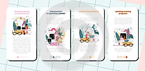 Programming mobile application banner set. Idea of coding, testing