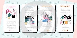 Programming mobile application banner set. Idea of coding, testing and writing