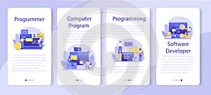 Programming mobile application banner set. Idea of working