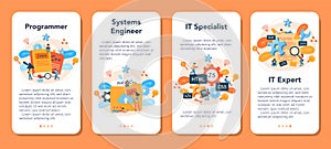 Programming mobile application banner set. Idea of working