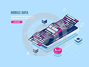 Programming mobile software isometric icon, development application of mobile phone, digital data visualization